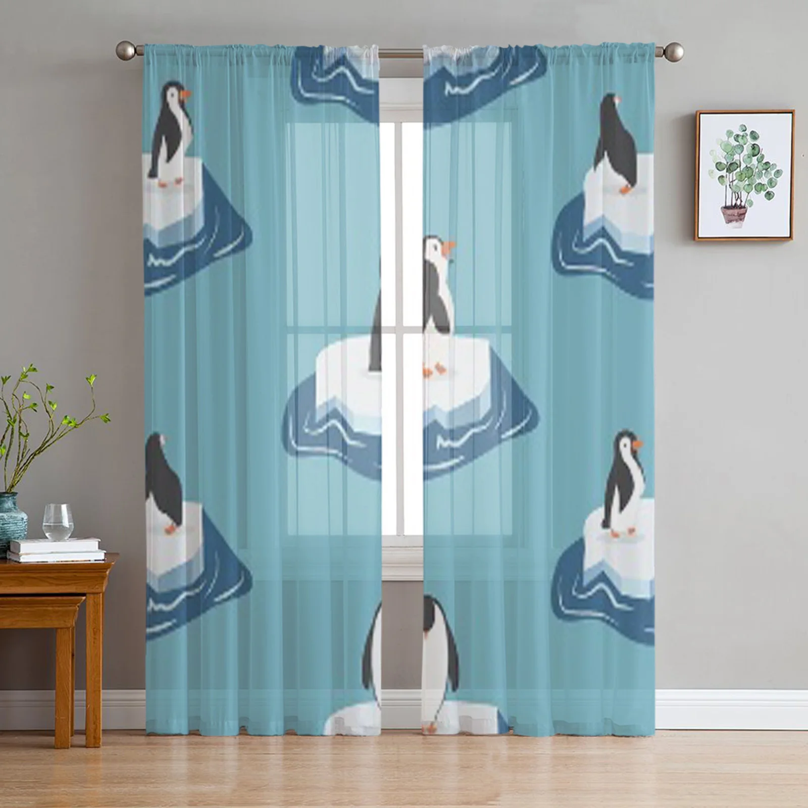 Cute Penguins On A Piece Of Iceberg Pattern Bay Window Screening Curtains Voile Drape Sheer Tulle for Living Room Bedroom