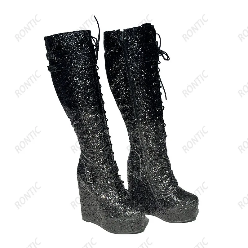 Rontic New Women Winter Knee Boots Platform Wedges Heels Round Toe Pretty Black Glitter Party Shoes US Size 5-20