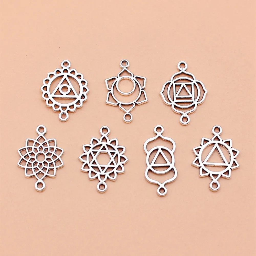 Jewellery Antique Silver Color Chakra Connector Charms Collection For You Phone Pendant 7pcs