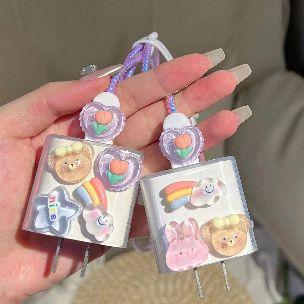 5pcs Charger Cable Protective Case Set Cartoon Rainbow Bear Charger Head Cord Winder Protective Cover For iPhone 16 17 18W/20W