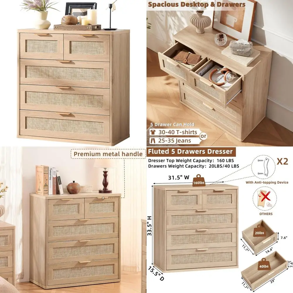 

Rattan 33.5 Tall 5-Drawer Dresser for Bedroom, Modern Boho Style Storage Chest in Light Oak Finish