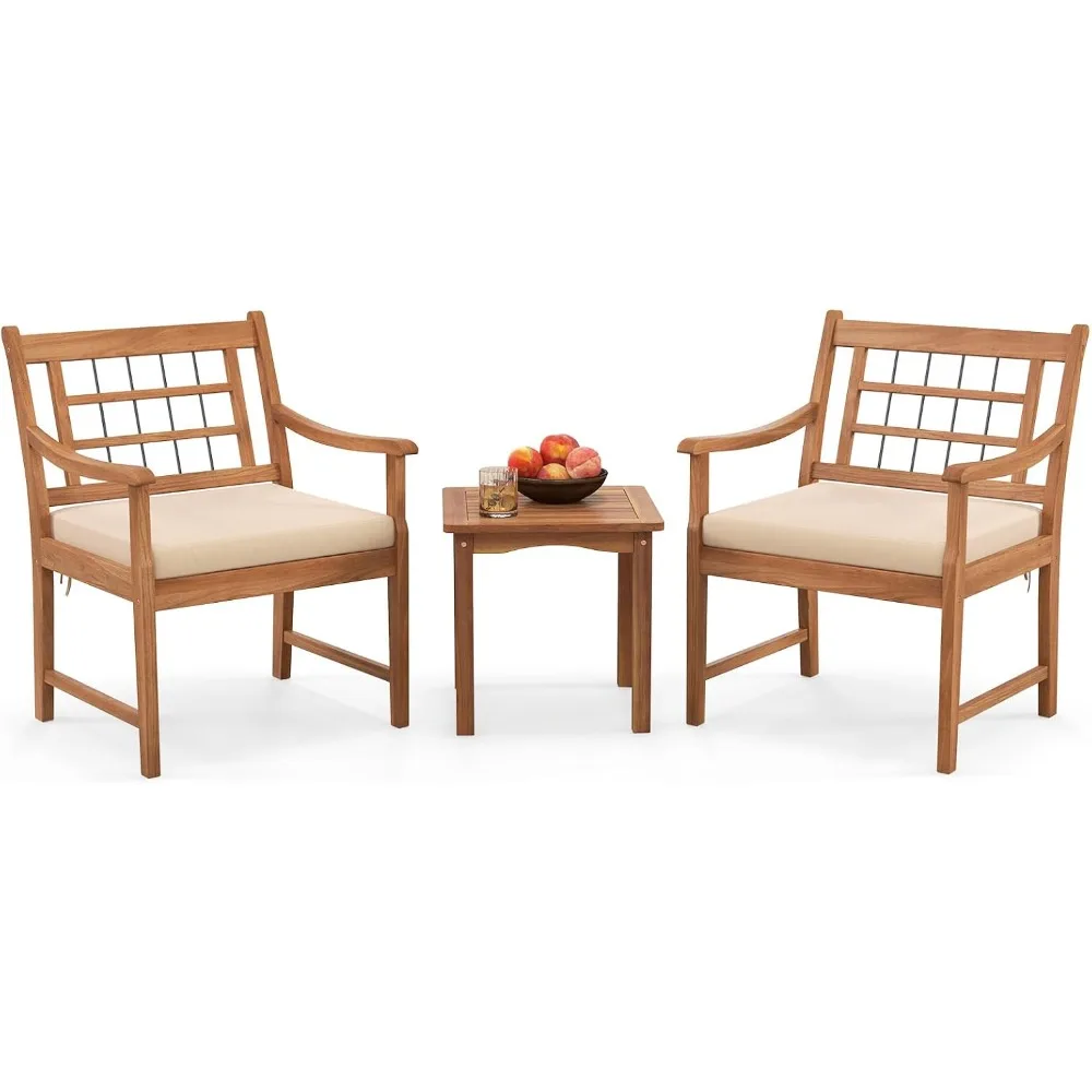 3 Piece Wood Patio Furniture Set, Outdoor Bistro Set w/Soft Seat Cushions, Solid Acacia Wood Frame, 2 Armchairs & Coffee Table