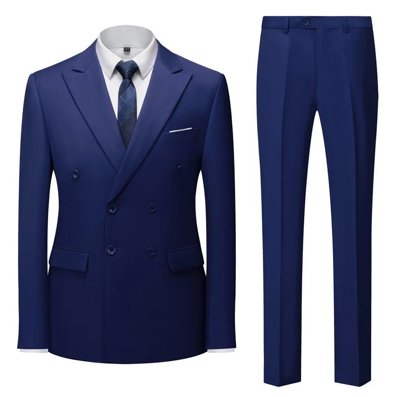 

New Mens Solid Double Breasted Suit Set 16 Colors Slim Fit Business Casual Blazer Pants 6XL Wedding Prom Two-Piece Jacket