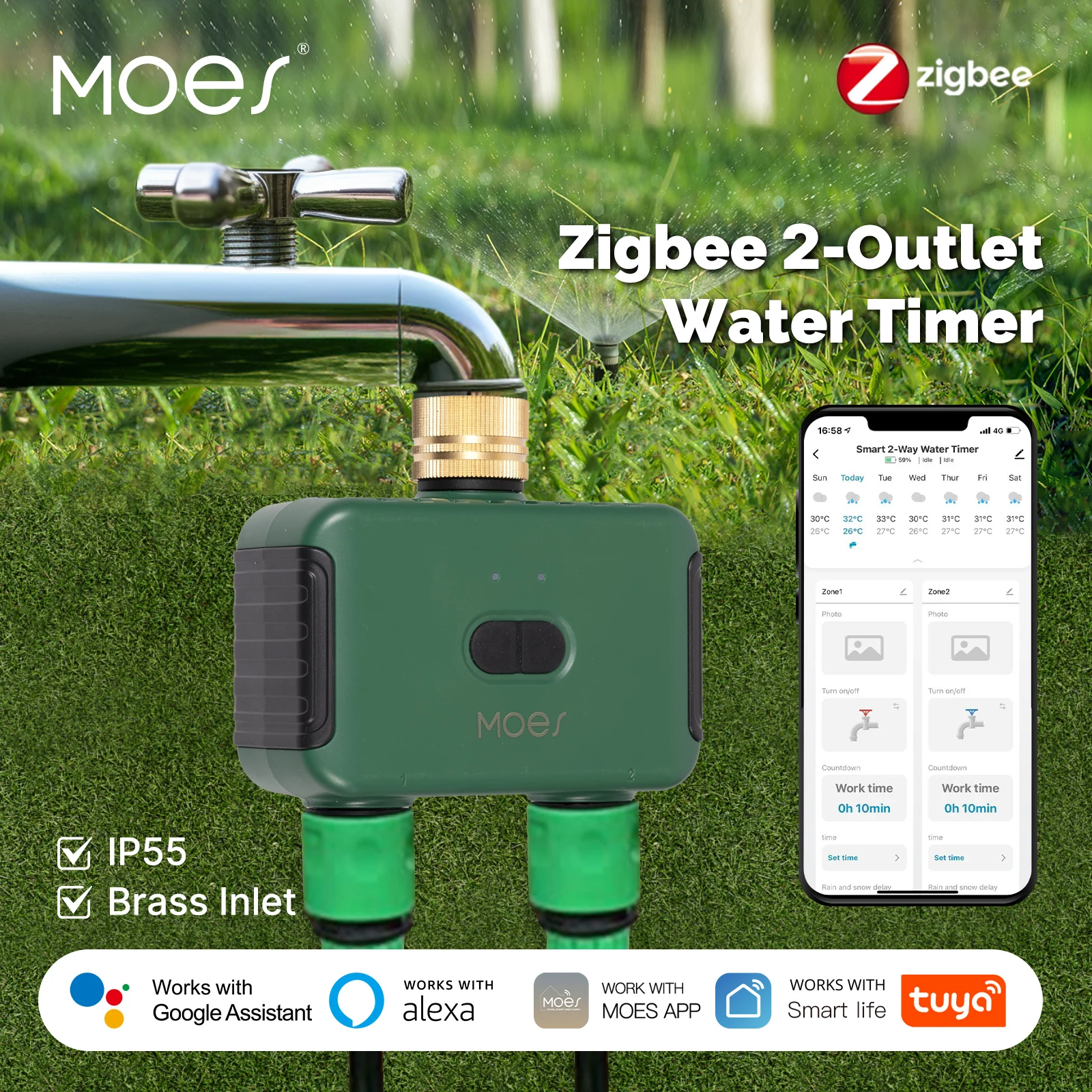 MOES Tuya Smart ZigBee 2Outlet Water Timer Brass Inlet Sprinkler with Filter Programmable Irrigation Work With Alexa Google Home