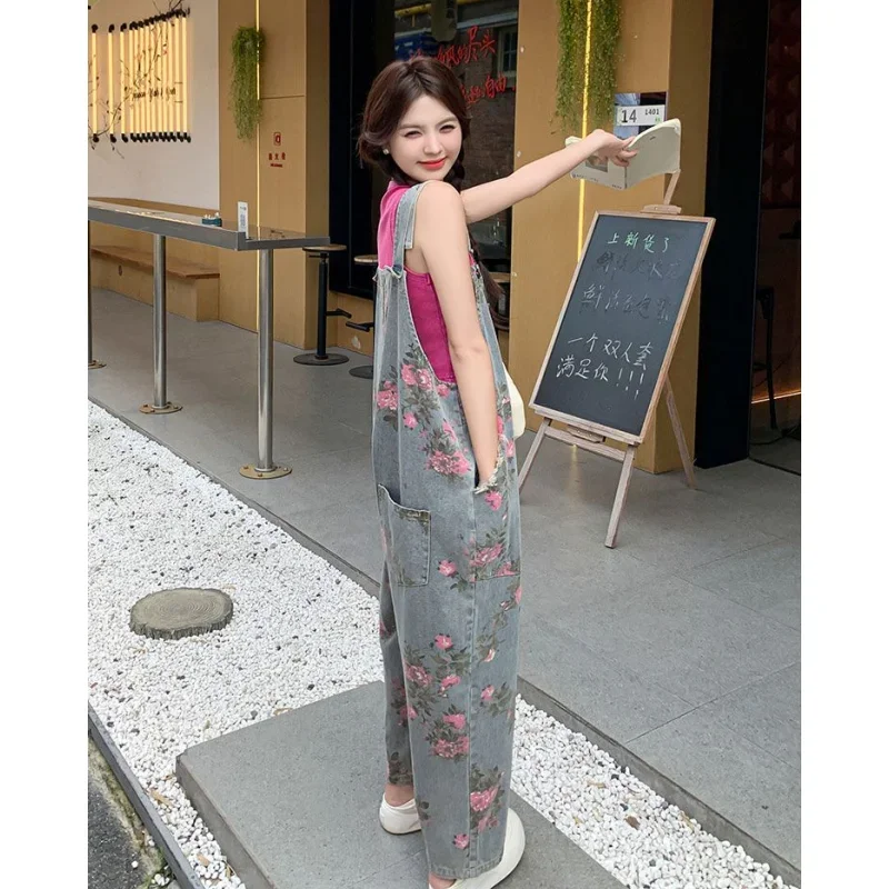 2025 Spring Summer Vintage Print Denim Overalls Women Fashion Loose Wide Leg Pants Lady Trendy Jeans Trousers Streetwear Female