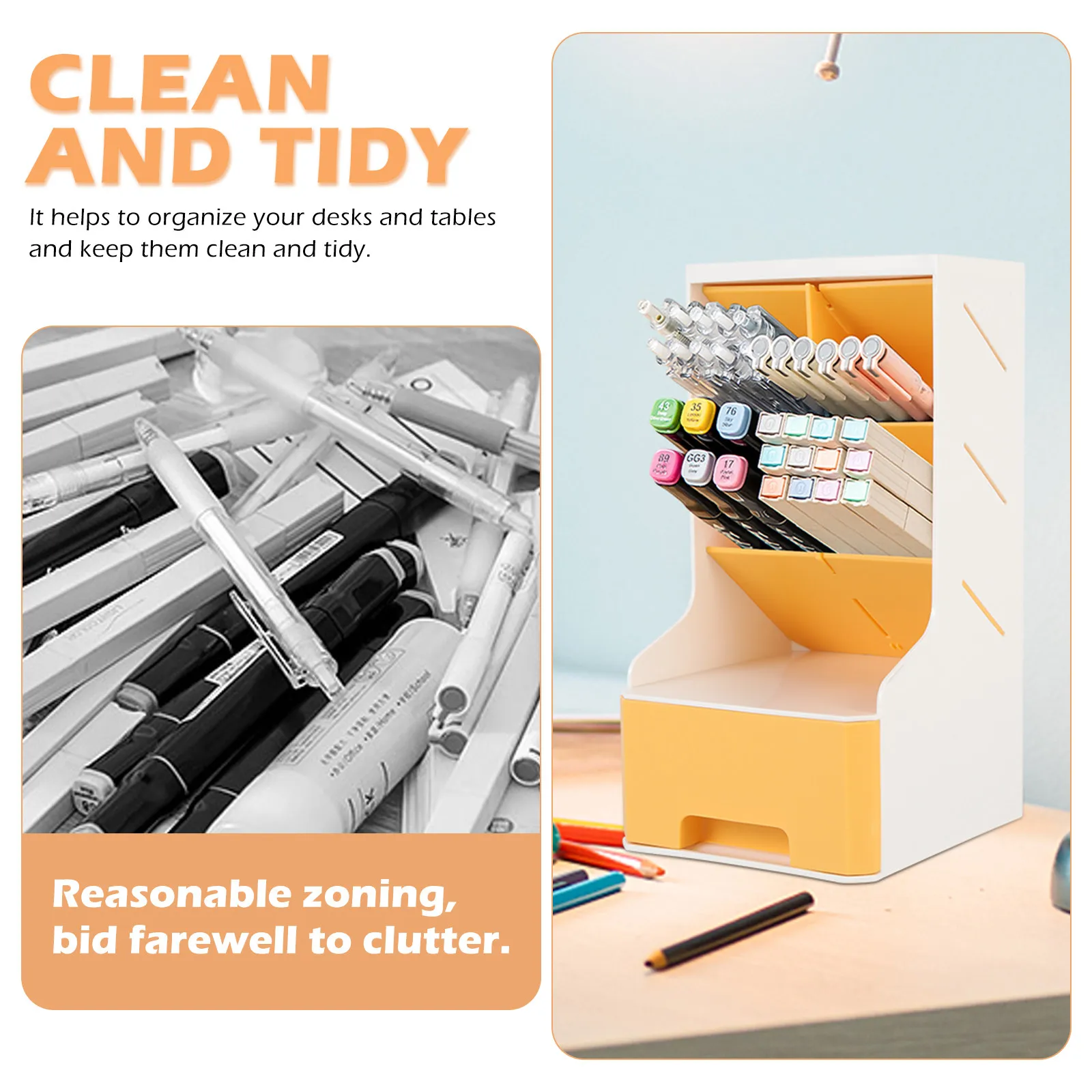 Inclined Pen Holder with Drawer Storage for Pens, Makeup Brushes – Desktop Stationery Organizer for Office & Home