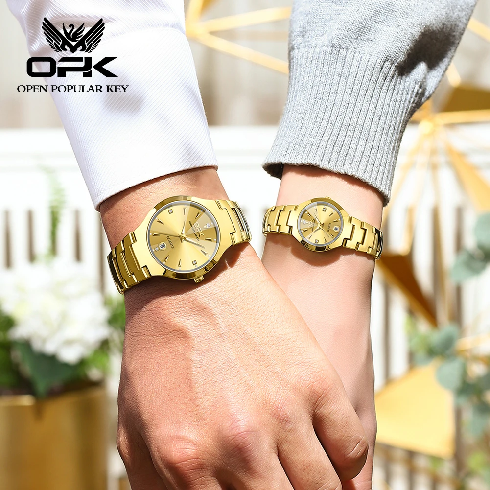 Imagem -02 - Opk-relógio Quartz em Aço de Tungstênio Masculino e Feminino Todo Dourado Impermeável Luxo Elegante Data Semana Casal Fashion