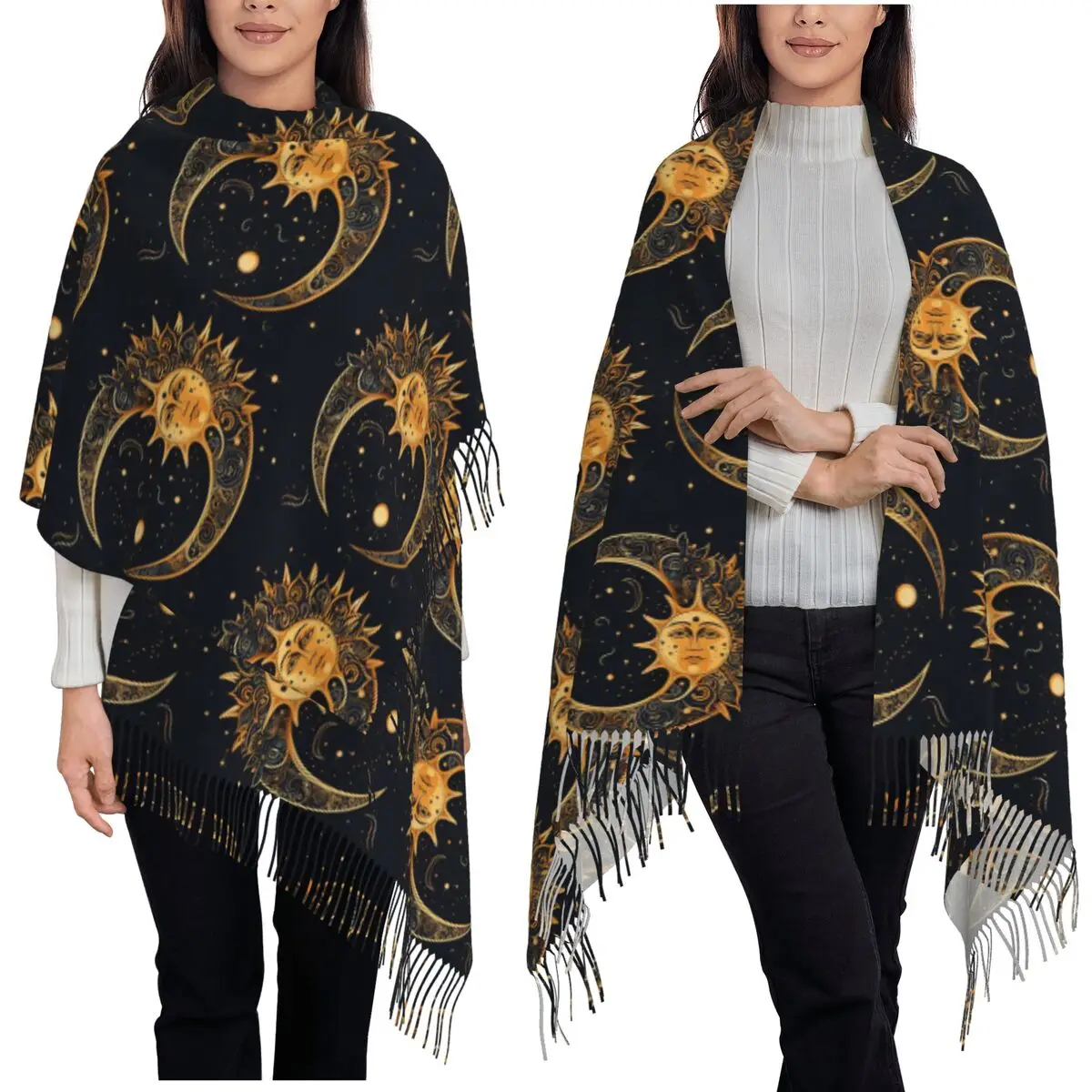 

Шарф Boho Golden Crescent Moon And Sun Witch Шарфы с кисточками для женщин Мягкие теплые шали и накидки Длинная осенне-зимняя шаль