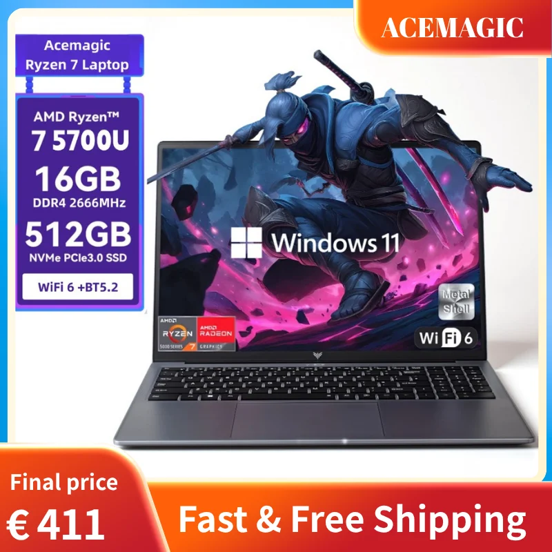 ACEMAGIC 15.6 Light Gaming Laptop AMD Ryzen 7 5700U Laptop 8 Cores 16GB DDR4 RAM 512GB SSD Full HD Display Thin Bezel Laptop
