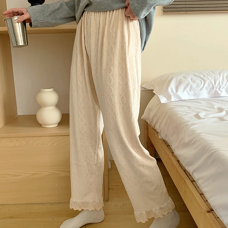 Pass Time Women's autumn and winter lace chakcard casual loose big size homewear sleeping pants LP0821