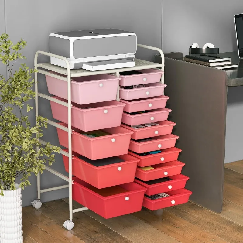 HOMGX Storage Cart with 15 Drawers, 15 Tier Multicolor Rolling Cart, File & Debris Storage Drawers on Lockable Wheels,