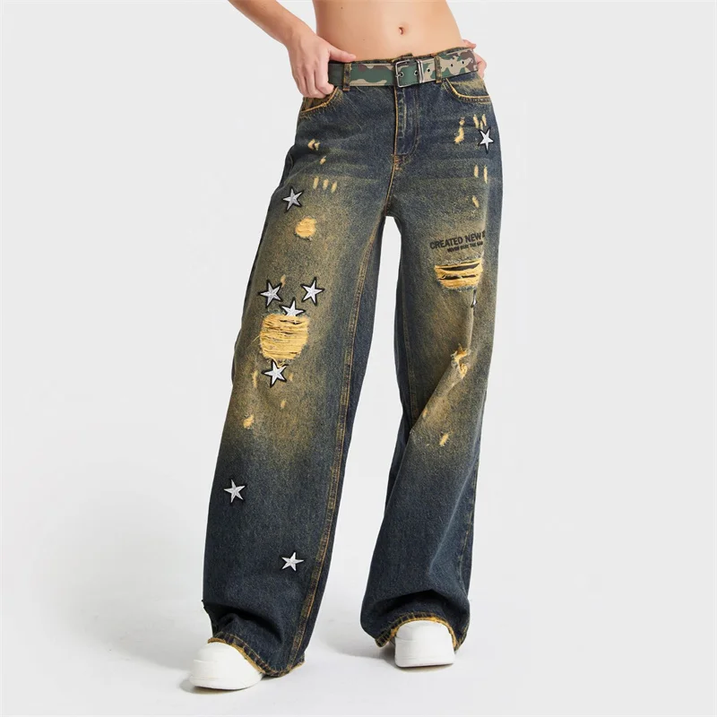 2024 New Street Print Trend Jeans Star Print Pattern Women's Pants Retro Fashion All Straight Pants  No Belt