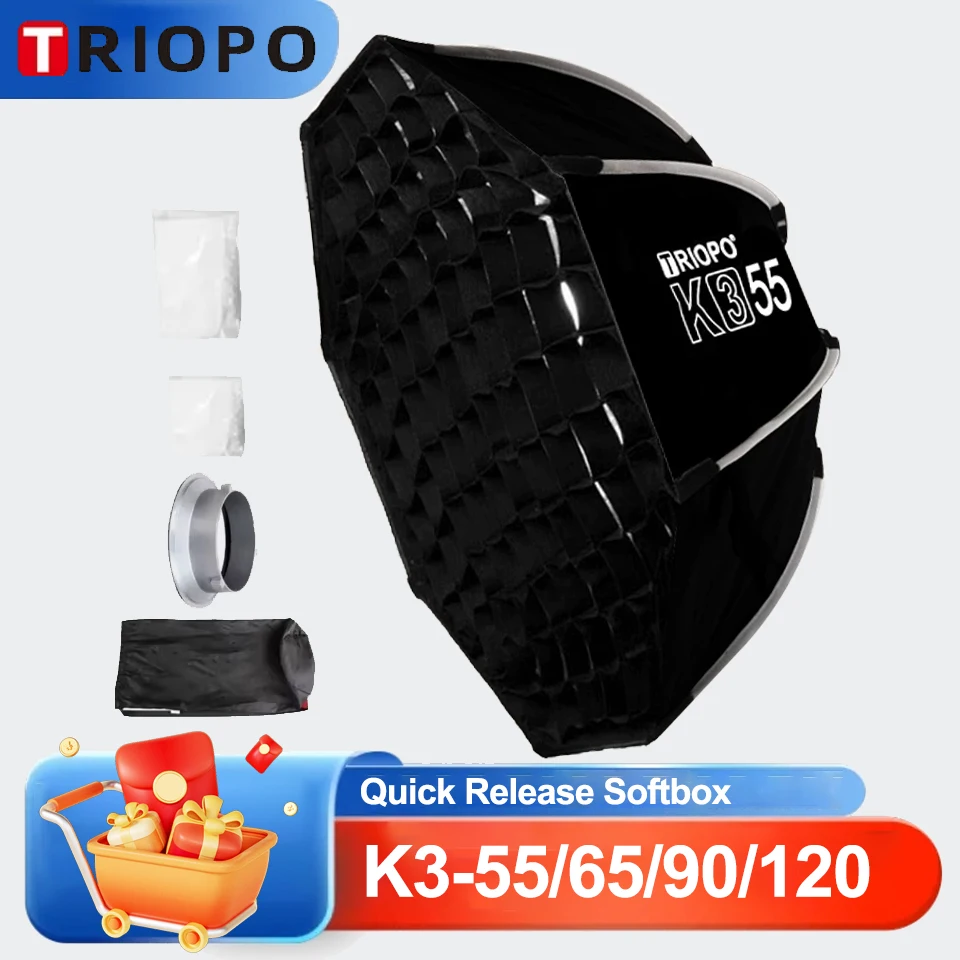 

Софтбокс TRIOPO серии K3 (K3-55, K3-65, K3-90, K3-120) с быстрым монтажом, складной, восьмиугольный, для фотостудии