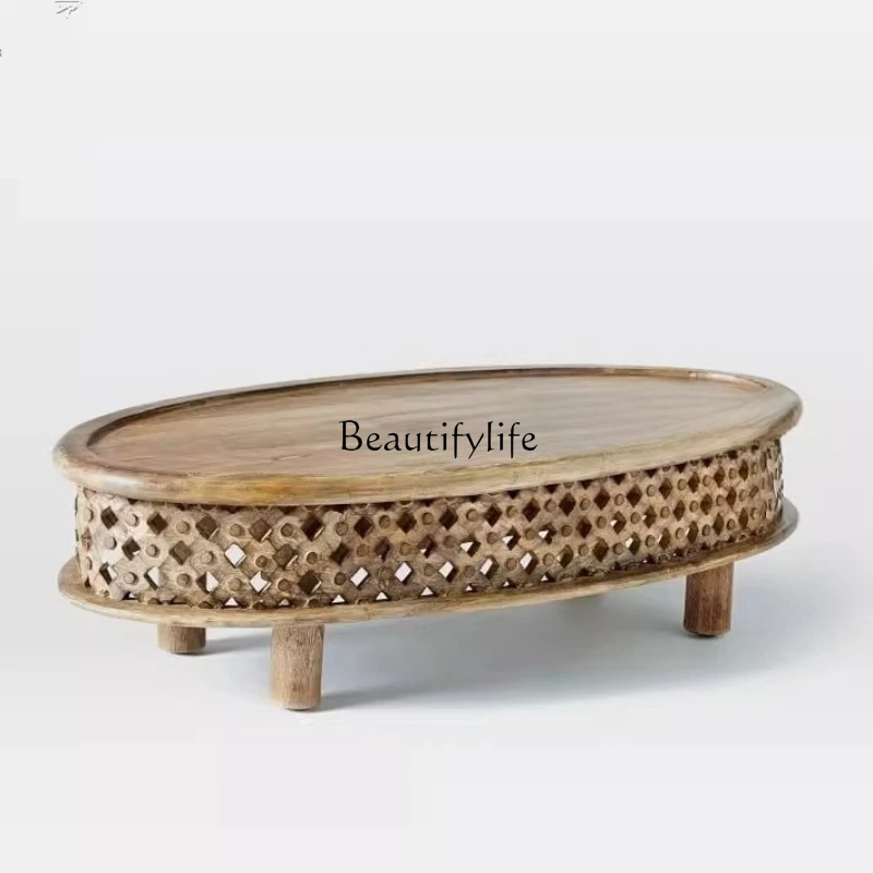 

*American country solid wood classical oval coffee table hollow pattern living room furniture