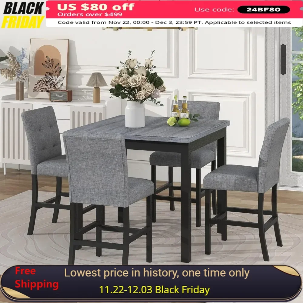 

Dining Table Set, 5 Piece, Suitable for 4, Rectangular Dining Table with 4 Upholstered Dinings Chairs, Kitchen Tables Set