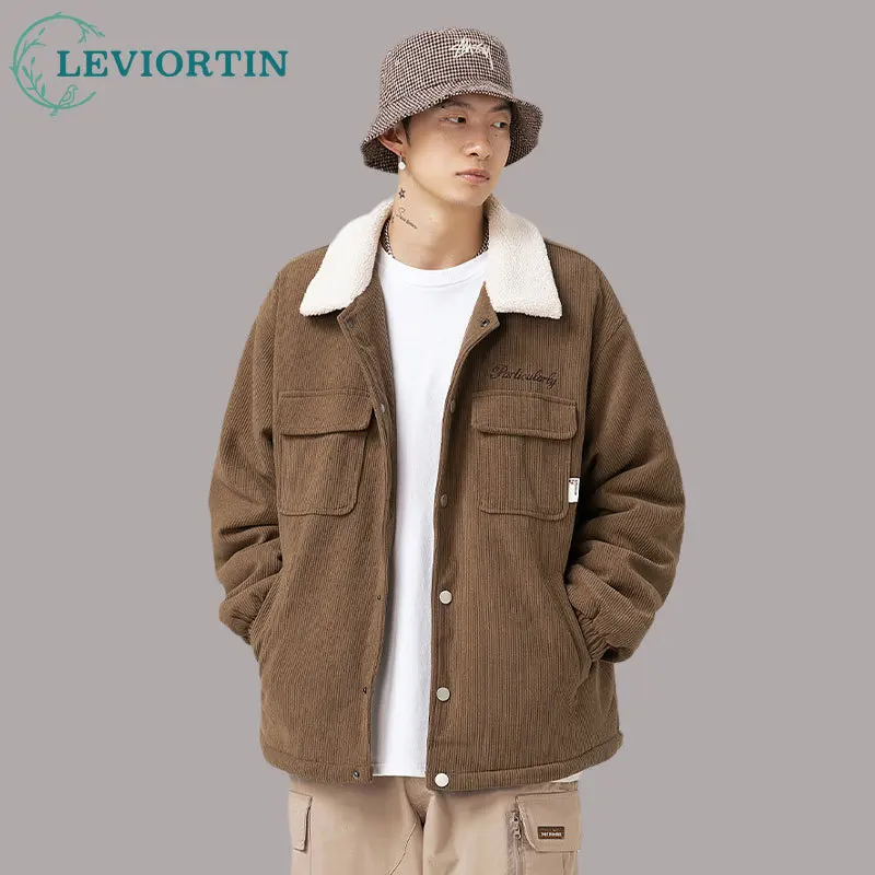 Fashion Men Lamb Fleece Polo Collar Cotton Padded Coat Winter Embroidery Loose Thicken Warm Corduroy Wadded Jacket Male Outwear