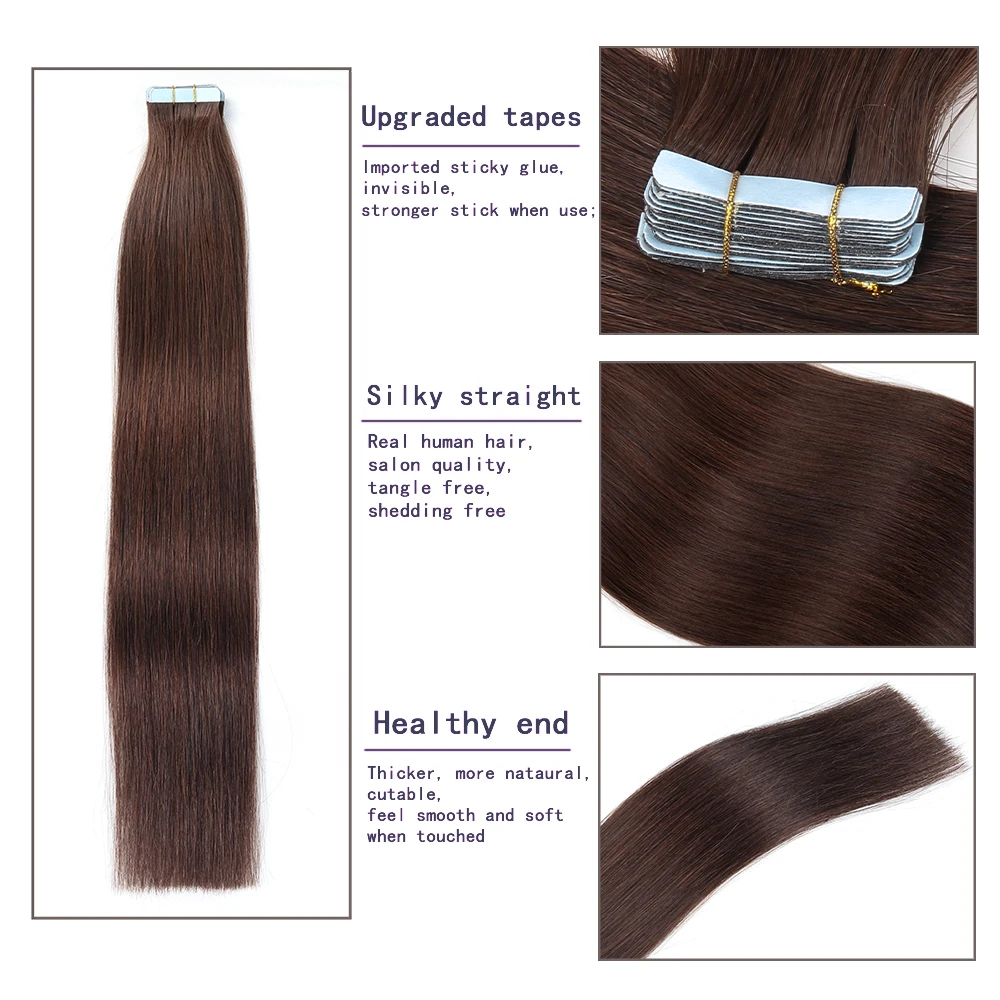 Tape In Hair Extensions Add Hair 100% Remy Real Hair 20Pcs 50g Straight Tape In Human Hair for Women 18 Inch Chocolate Brown 2#