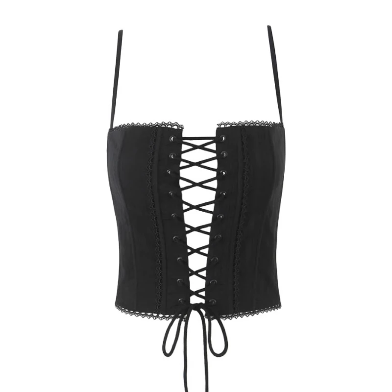 Original Design Black Cross Strap Hollow Out Women's Sling European American Summer New Short Fishbone Waist Hot Girl Top Ladies