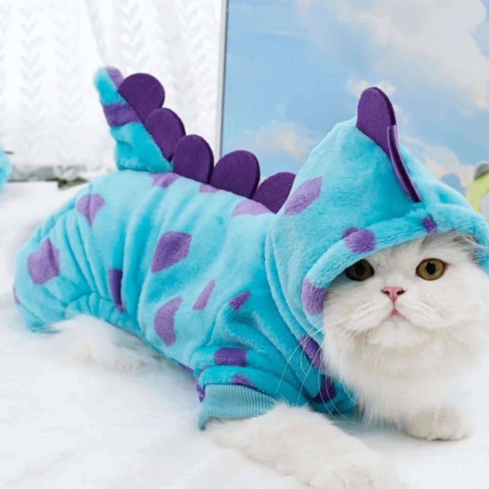 عارضة الكرتون ديناصور جرو القط الملابس سميكة الشتاء الدافئ ملابس الحيوانات الأليفة لينة بذلة القط البلوز الفرنسية الثور #3