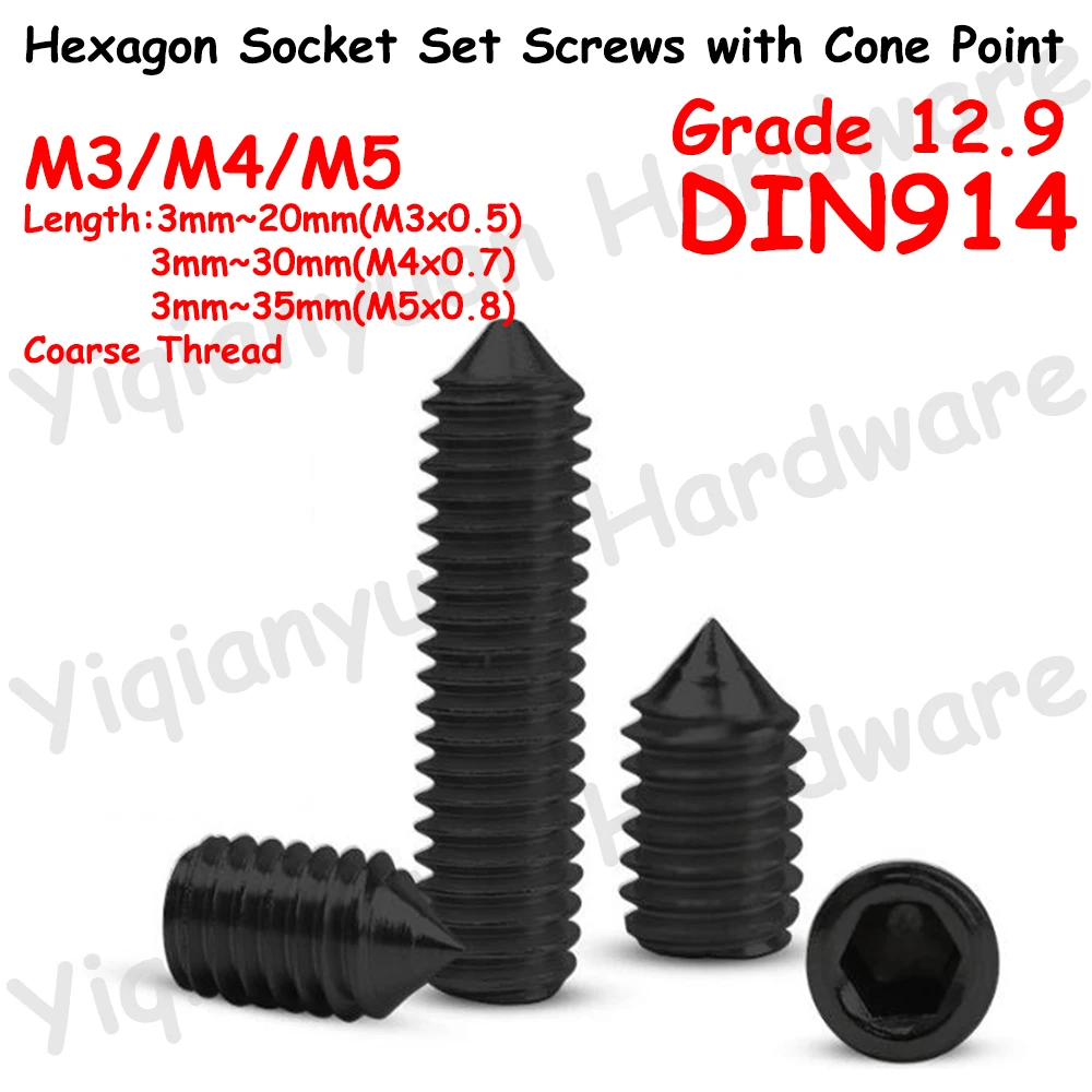 Yiqianyuan DIN914 M3 M4 M5 Grade 12.9 Alloy Steel Hexagon Socket Set Screws with Cone Point Headless Screws Black Grub Bolts