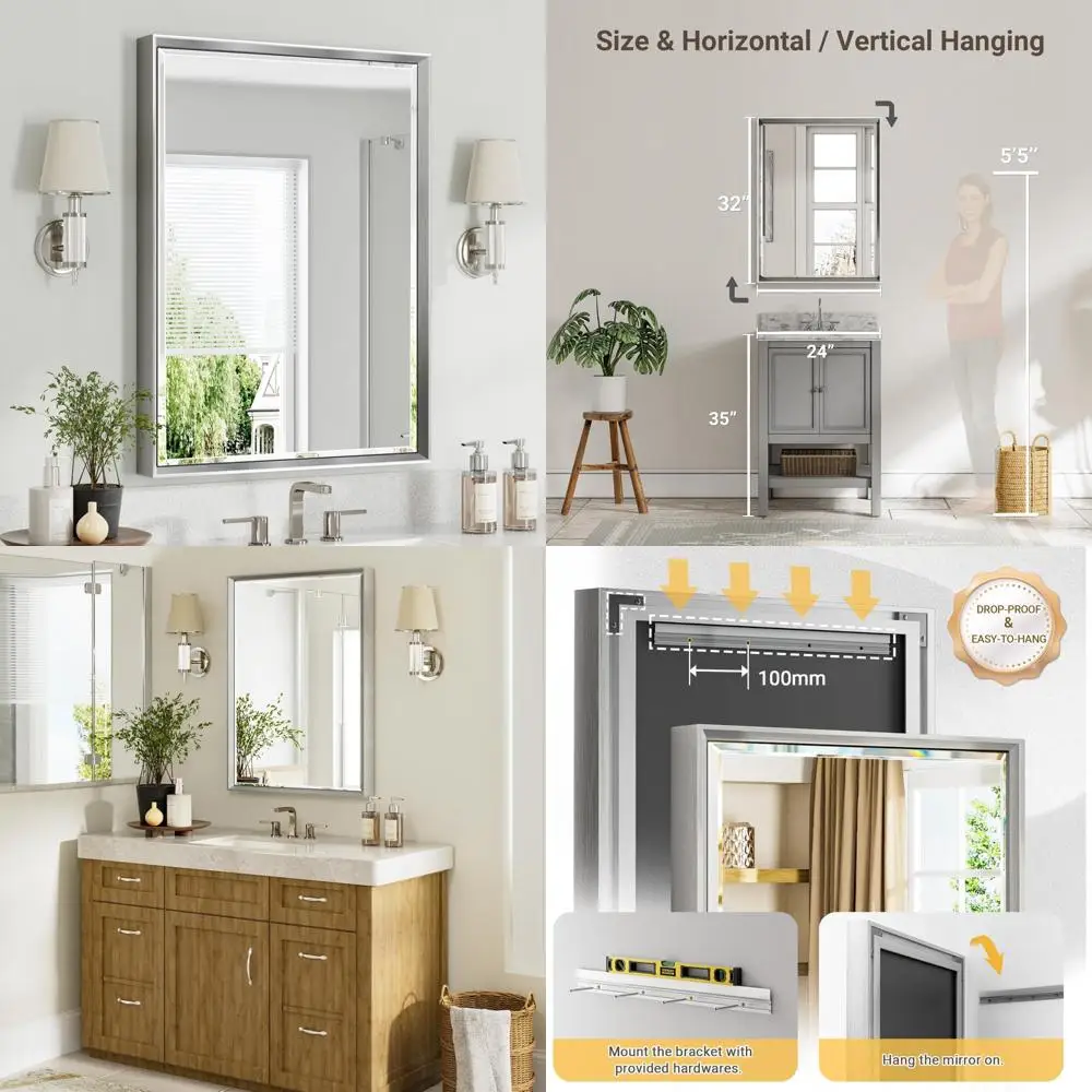 

Bathroom Vanity Mirror - 24x32 Inch Silver Framed Wall Mirror with Beveled Edges and Anti-Rust Protection for Modern Vanity Spac