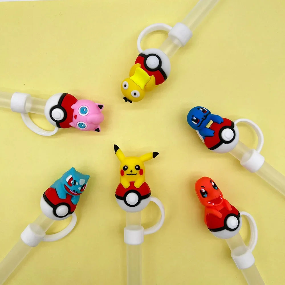 6pcs Pokémon Pikachu Straw Cover Cap for Stanley Cup Reusable 10mm Silicone Straw Topper Compatible 30&40 Oz Tumbler Whosale