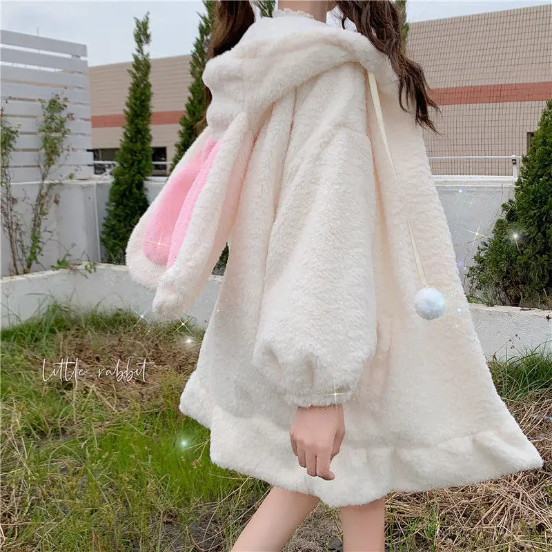 Hoodies Women Solid Zip-up Long Lantern Sleeve Hooded Rabbit Ears Lolita Cute Sweet Girls Harajuku Style Warm Baggy Outerwear