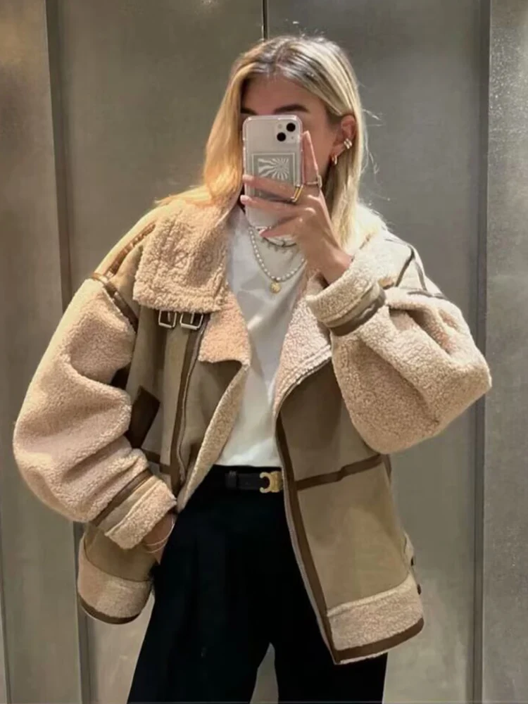 TFMLN Cappotto corto da donna invernale Moda impiombato caldo spesso colletto rovesciato Cappotto casual nuova giacca da strada femminile vestibilità ampia