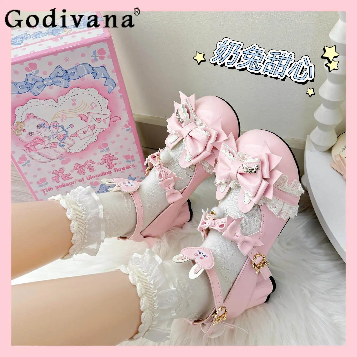 

2026 New Lolita High Heels Japanese Original Sweet Cute Bow Round Head Thick Heel Cartoon Doll Women Mary Jane Single Shoes