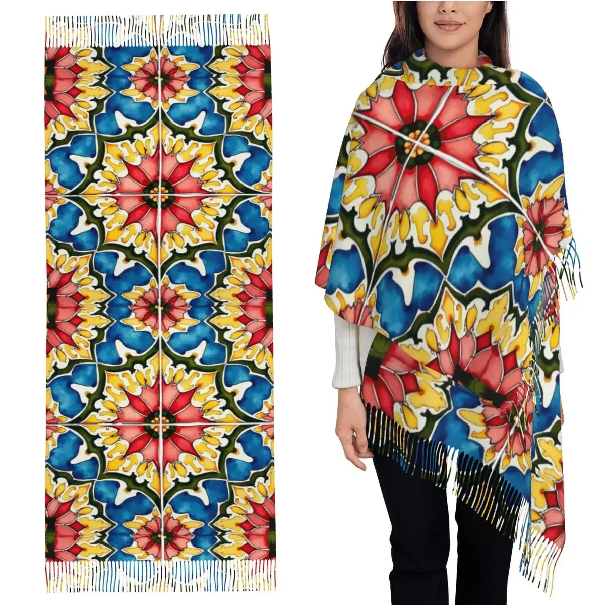 

Средиземноморская, красочная, яркая, мозаичная плитка, шарф с кисточками, женские шали и накидки, длинная осенне-зимняя шаль