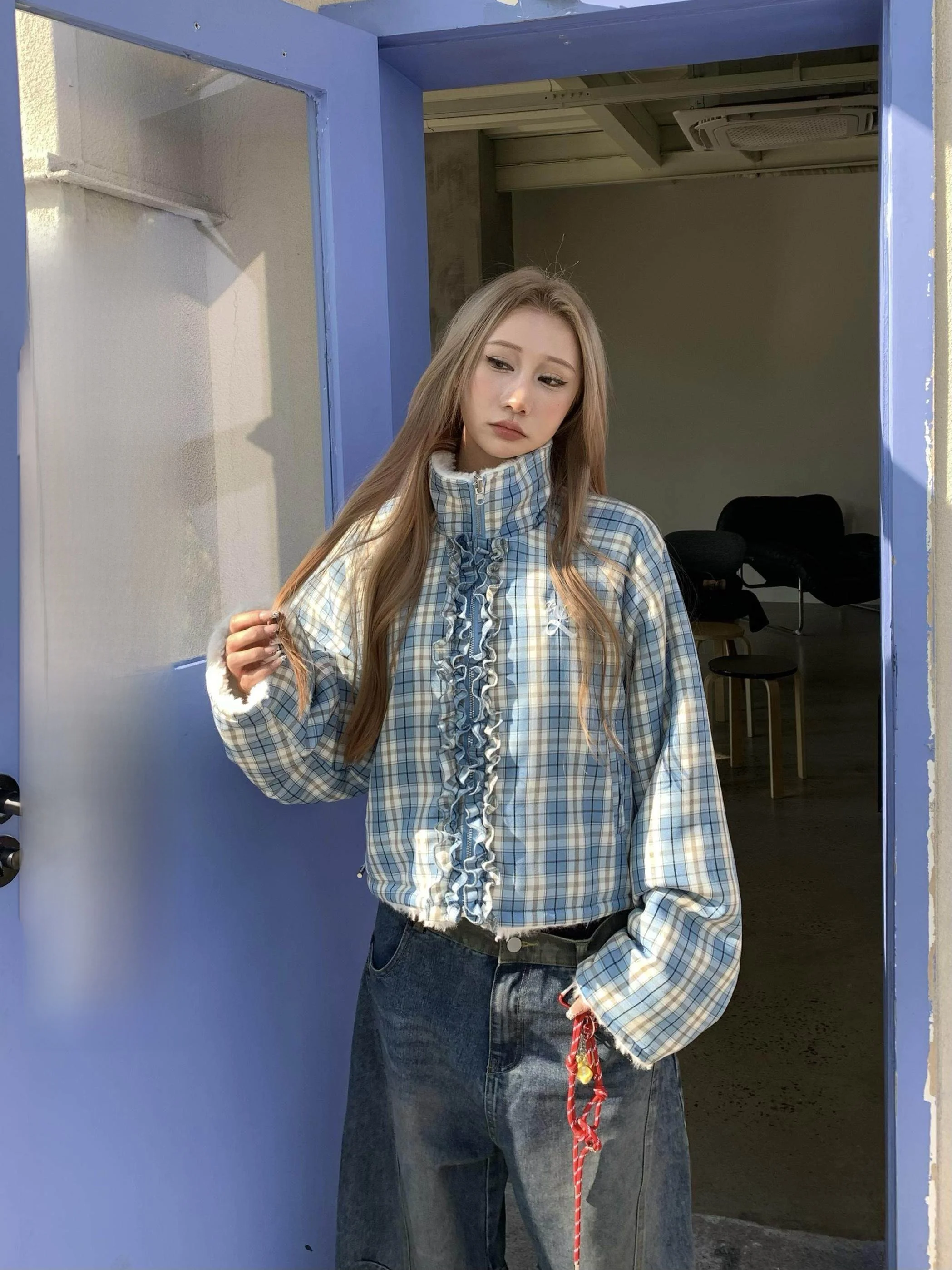 

ZHL Studio Double-Sided Wear American Retro Lamb Velvet Plaid Cotton Jaet Women's Winter Versatile Warm Cotton Coat