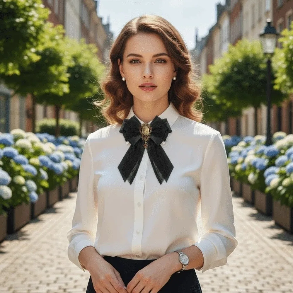Alloy Lace Ribbon Bow Tie Solid Color Enchase Design Vintage Lolita Necktie Multi-layered Brooch Decoration Shirt Tie Students
