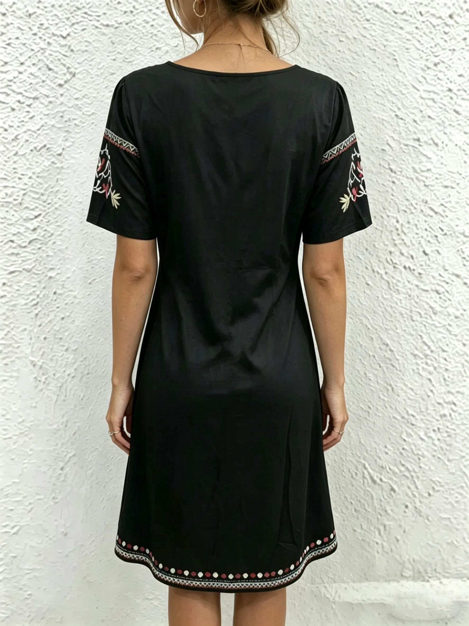 Summer new style positioning printed short sleeved straight tube dress knee length casual waist tied tassel skirt