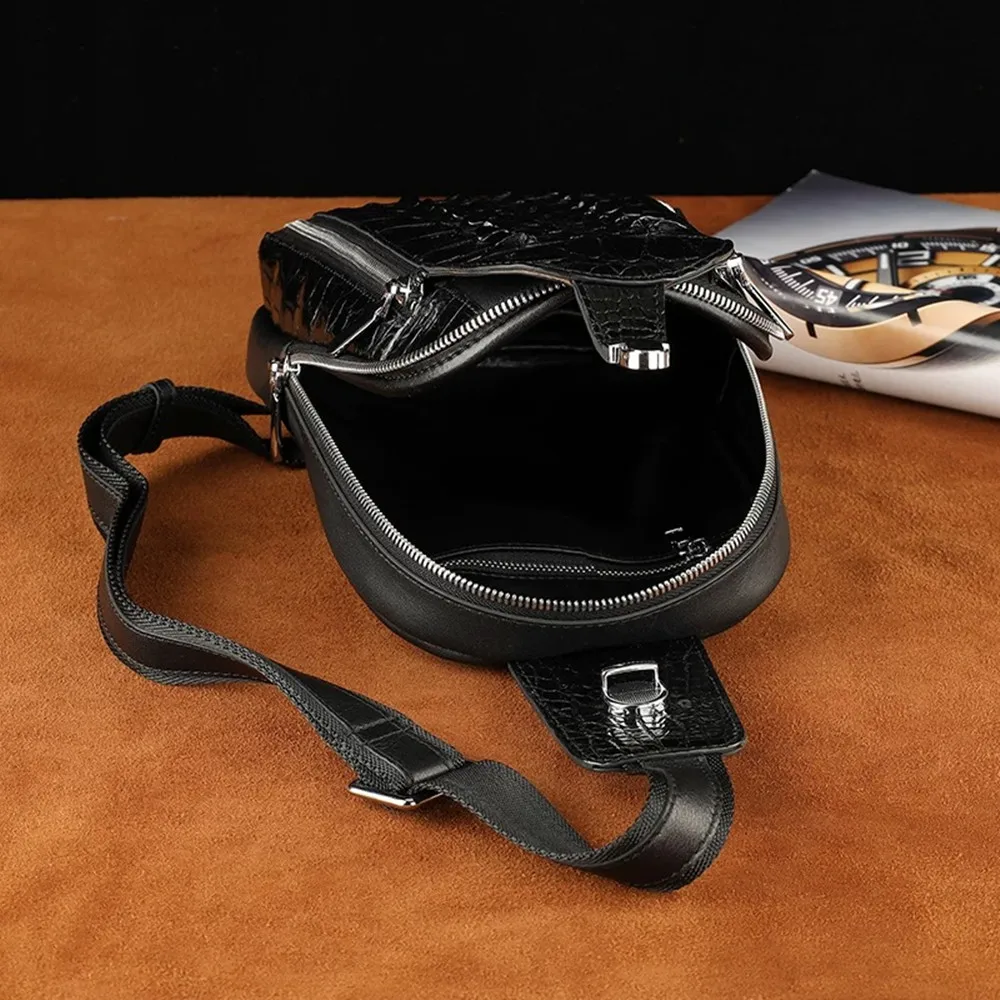 Autentyczna męska torba na klatkę piersiową z prawdziwej skóry krokodyla, oryginalna męska torba biodrowa z prawdziwej skóry krokodyla, casualowy markowy plecak designerski.