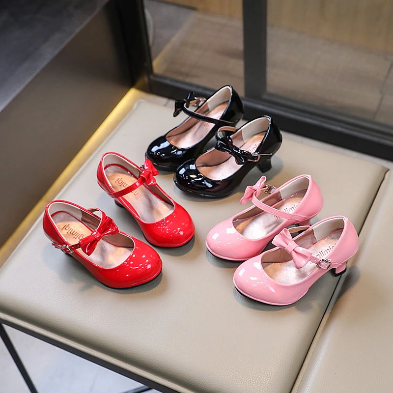 

2025 New Fashion Girls High Heels Glossy Bowtie Kids Leather Shoe Spring Autumn Children Causal Princess Dress Shoes for Party