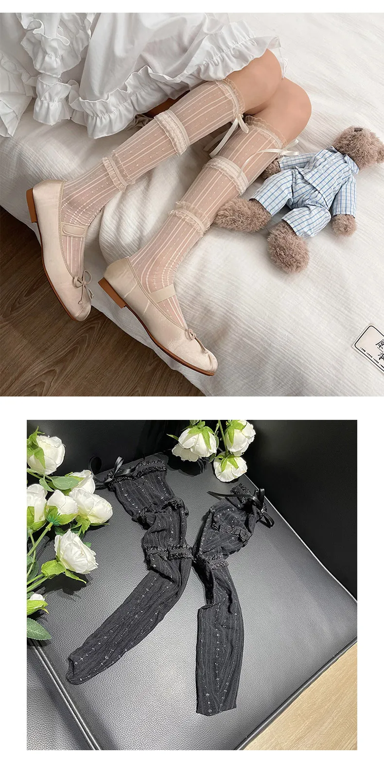 Women's Summer Spring Bow Lace Breathable Socks Black Sexy Stocking Sweet Style Lolita Knee High Socks Girls Gift Medias Kawaii