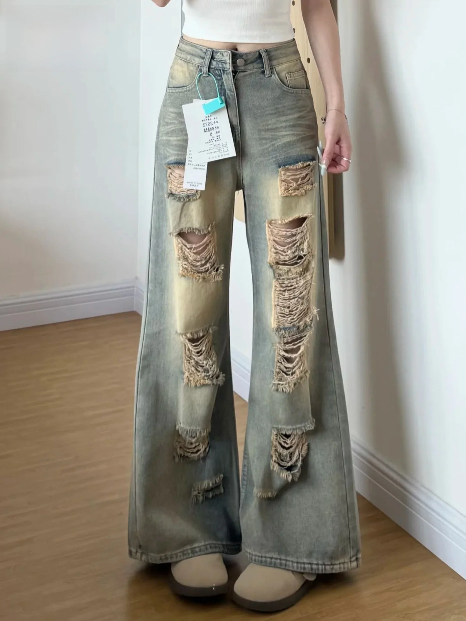 

Retro Blue Wrecked Design Wide Leg Denim Jeans Women's New 2026 Loose Slim Flared Pants Casual American Style Natural Waist