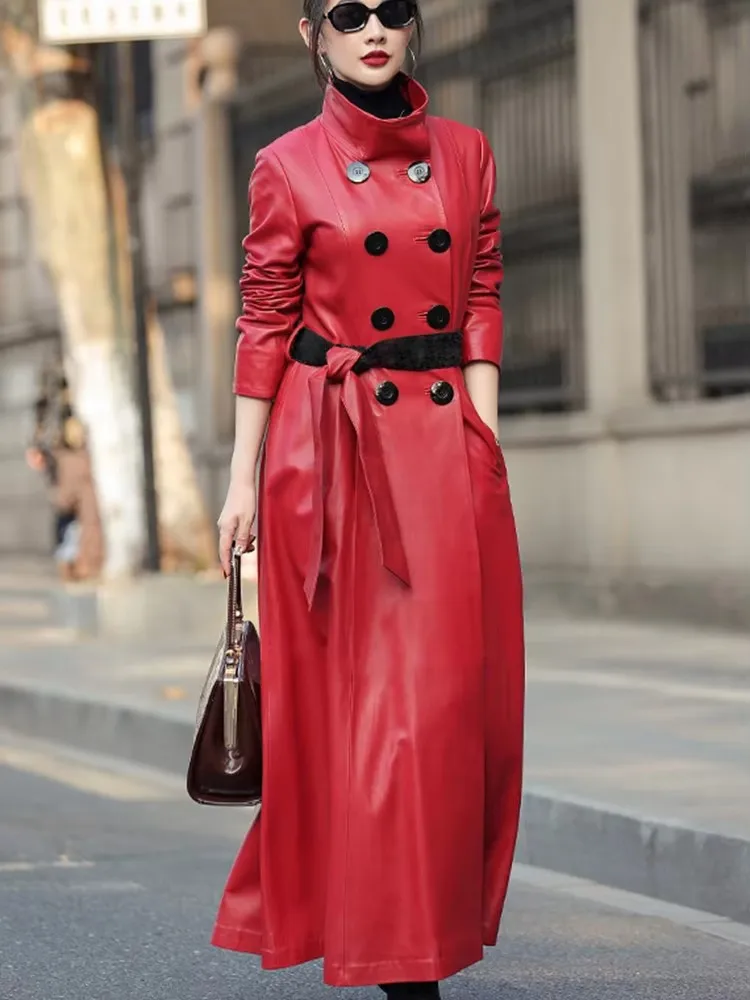 Mauroicardi Spring Autumn Extra Long Soft Pu Leather Trench Coat for Women Sashes Double Breasted Elegant Luxury Chic Overcoat