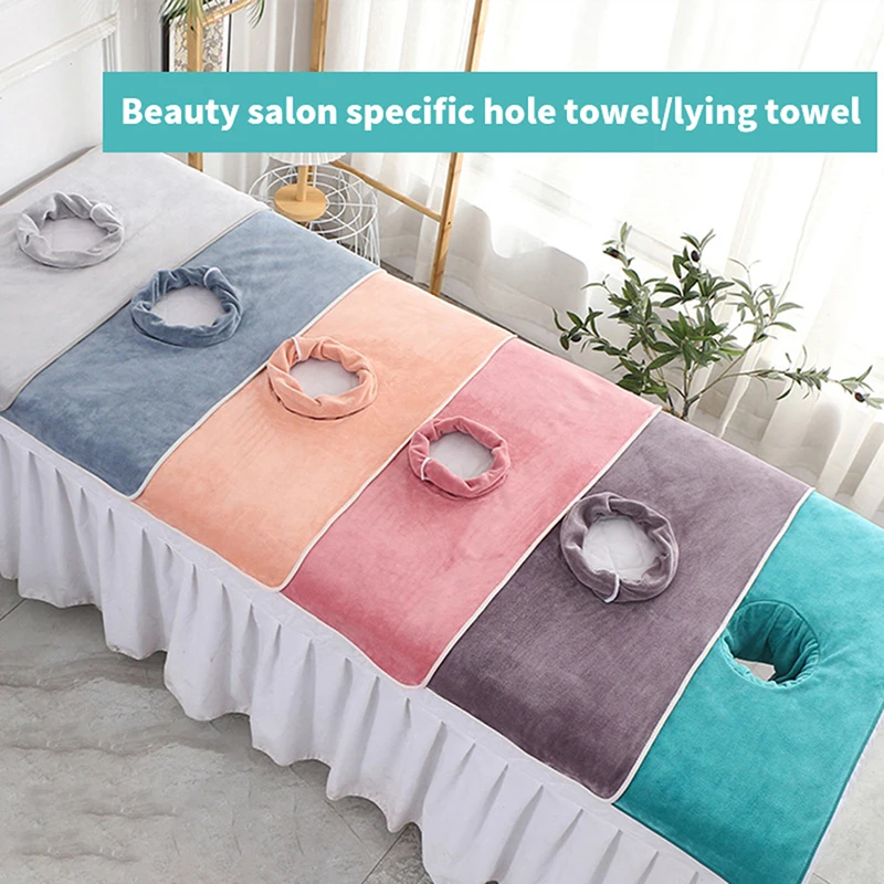 【L】40*80cm Velvet Thickened Beauty SPA Massage Table Planking Face Towel with Face Berath Hole SPA Massage Bedspread Towel