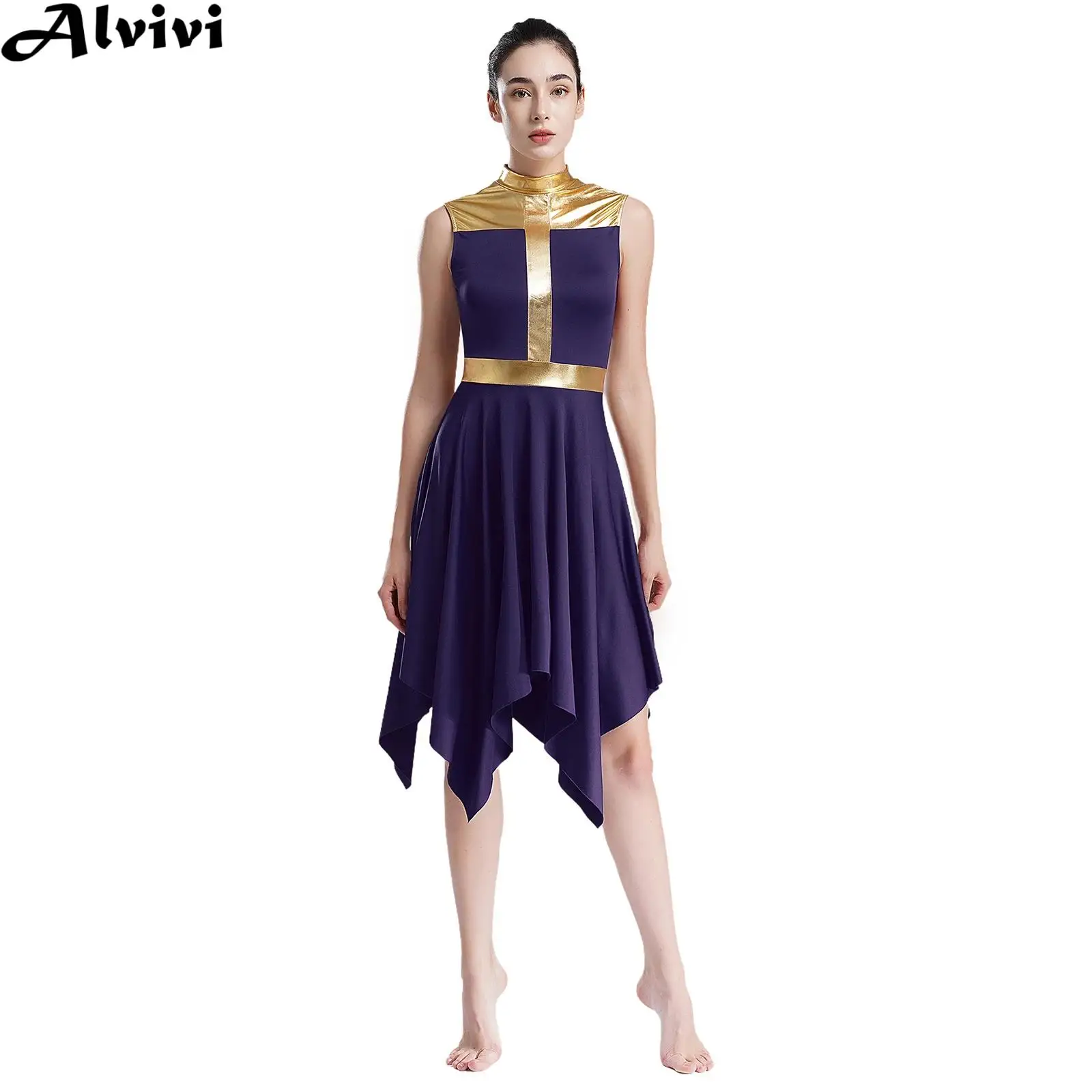 

Women Liturgical Lyrical Dance Dress Church Choir Worship Praise Performance Clothes Sleeveless Metallic Asymmetrical Hem Dress