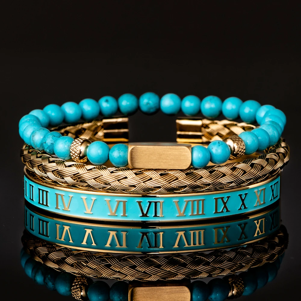 Luxury Set Men Simple Block Handmade Bracelets Enamel Roman Numeral Bangles Rope Buckle Turquoise Stone Beads Jewelry Pulseras