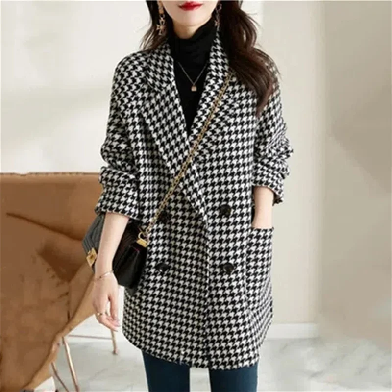 

Suit Collar Houndstooth Woolen Coat Women 2023 Autumn and Winter New Fashion High-end Woolen Mid-Length Jacket Women Clothing