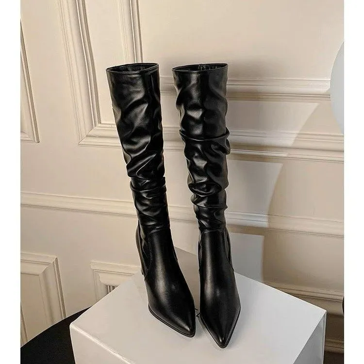 Spitze Stiefeletten, Trendige Spitze Stiefel mit Blockabsatz, Schlanke Langstiefel für Frühling, Herbst und Winter Mode