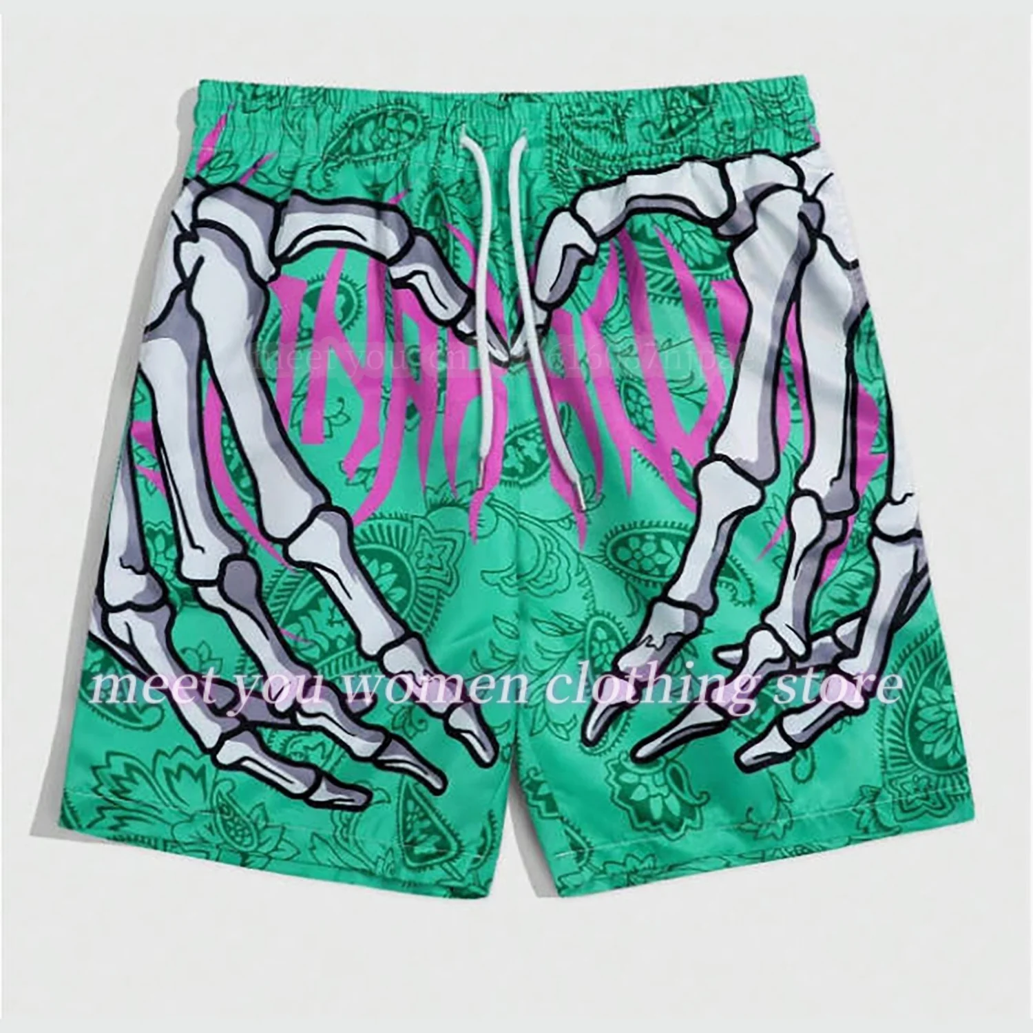 Women Summer Classic Skull Beach Short Pants New Fashion Skeleton Hand Print Men Women Gym Shorts Quick Drying Trunks  Shorts