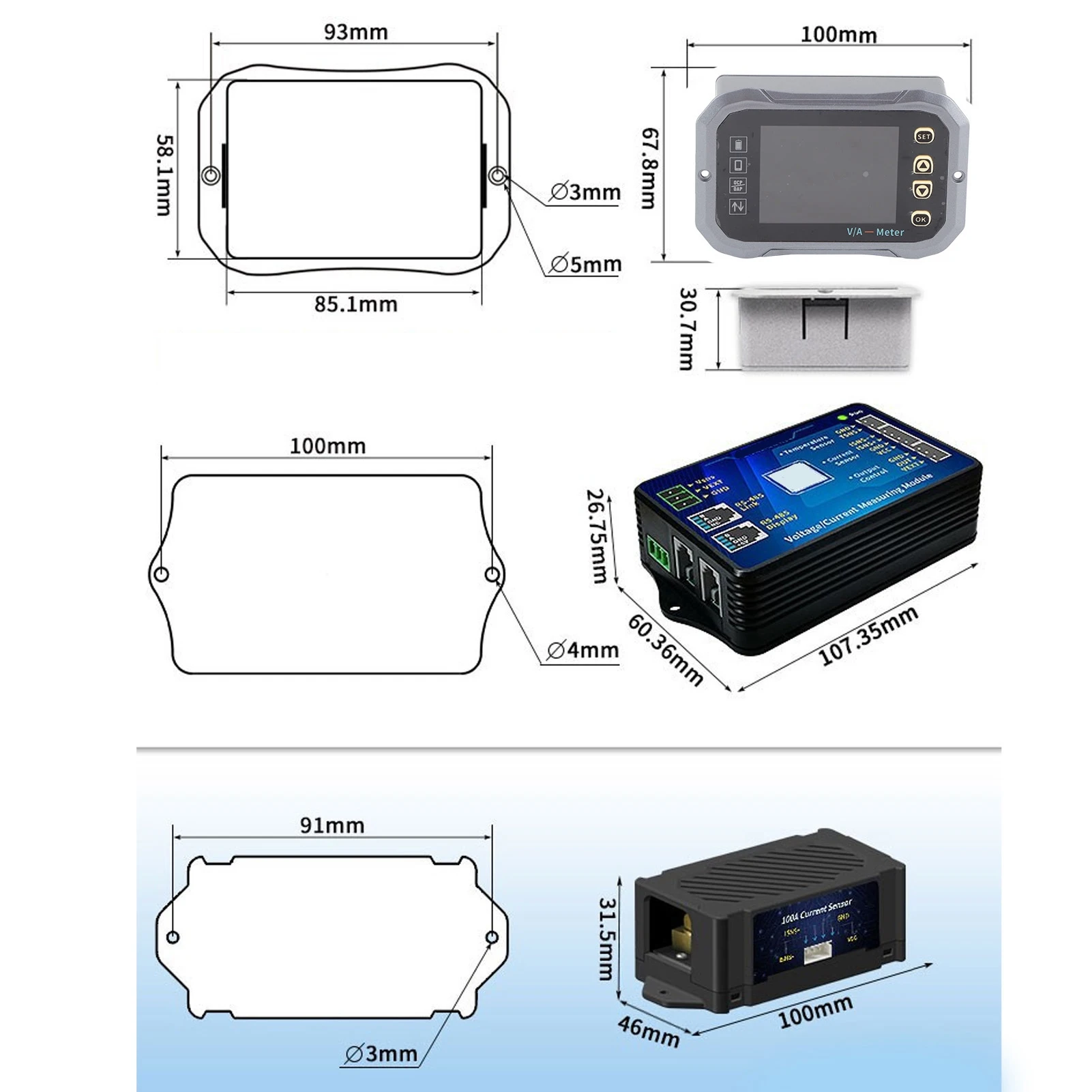 شاشة بطارية ذكية 100A مع شاشة ملونة تحويلة RV Coulombmeter الجهد الحالي قدرة الطاقة متر RV مراقبة البطارية الذكية
