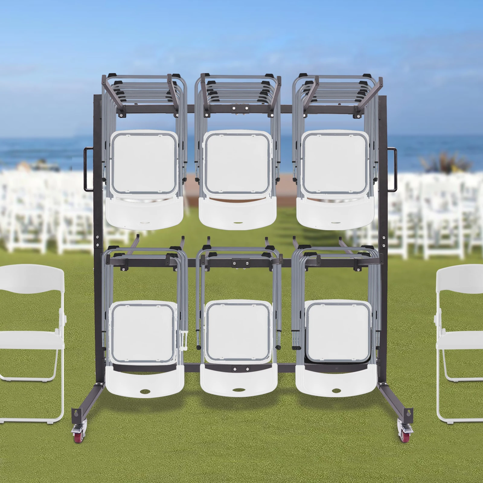 Folding Chair Cart Mobile Stackable Chair Holder Storage Rack Trolley Heavy Duty with 4 Casters