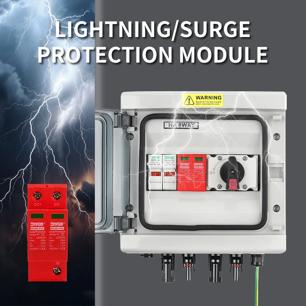 Solar Photovoltaic PV Combiner Box 1 In 1 Out 1000V DC Fuse Isolation Switch SPD Lightning Protection IP65 Wall-mount Waterproof