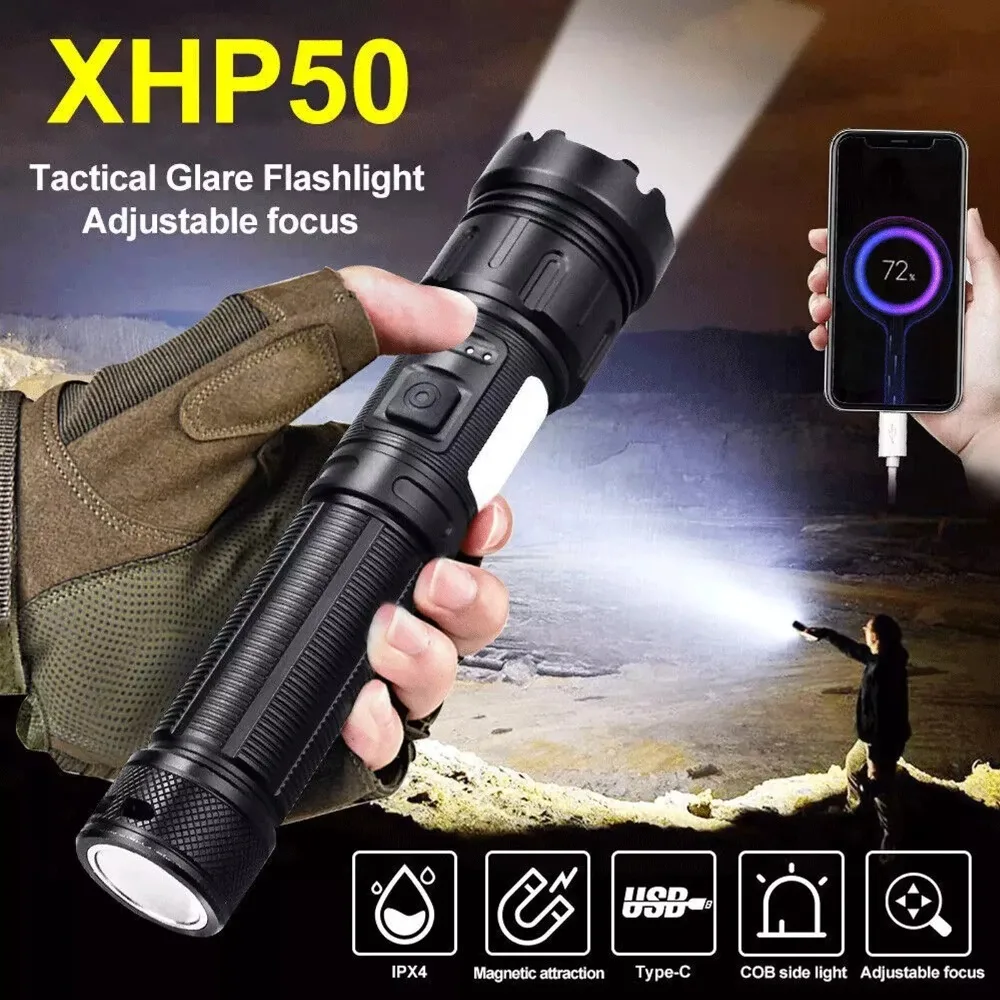 Outdoor 1200000LM LED Flashlight Rechargeable Super Bright XHP50 USB Torch Waterproof Magnetic Flash Lights Camping