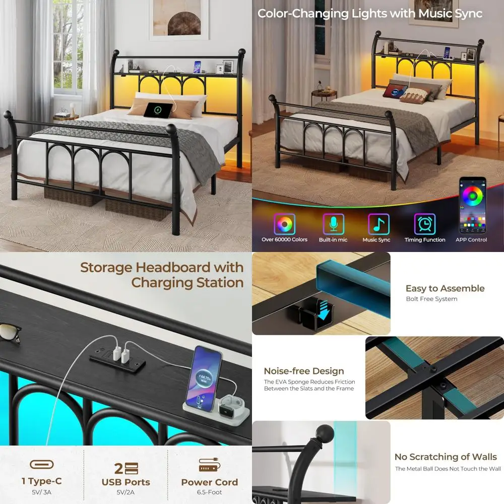 

Black Metal Twin Size Bed Frame with LED Headboard and USB Charging Ports