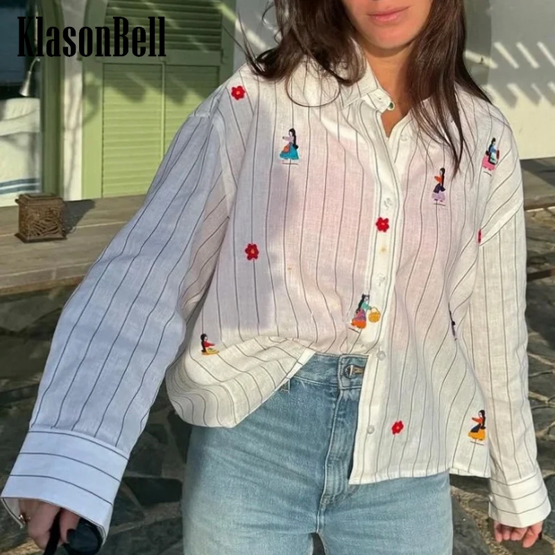 

5.24 KlasonBell Bohemian Style Handmade Embroidery Cartoon Striped Shirt Women Loose Long Sleeve All-matches Linen Blouse